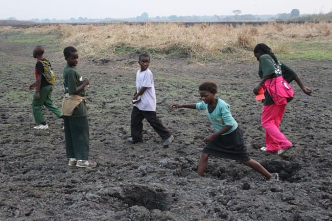 Participants in the camp trying out some Elephant tracks for size.